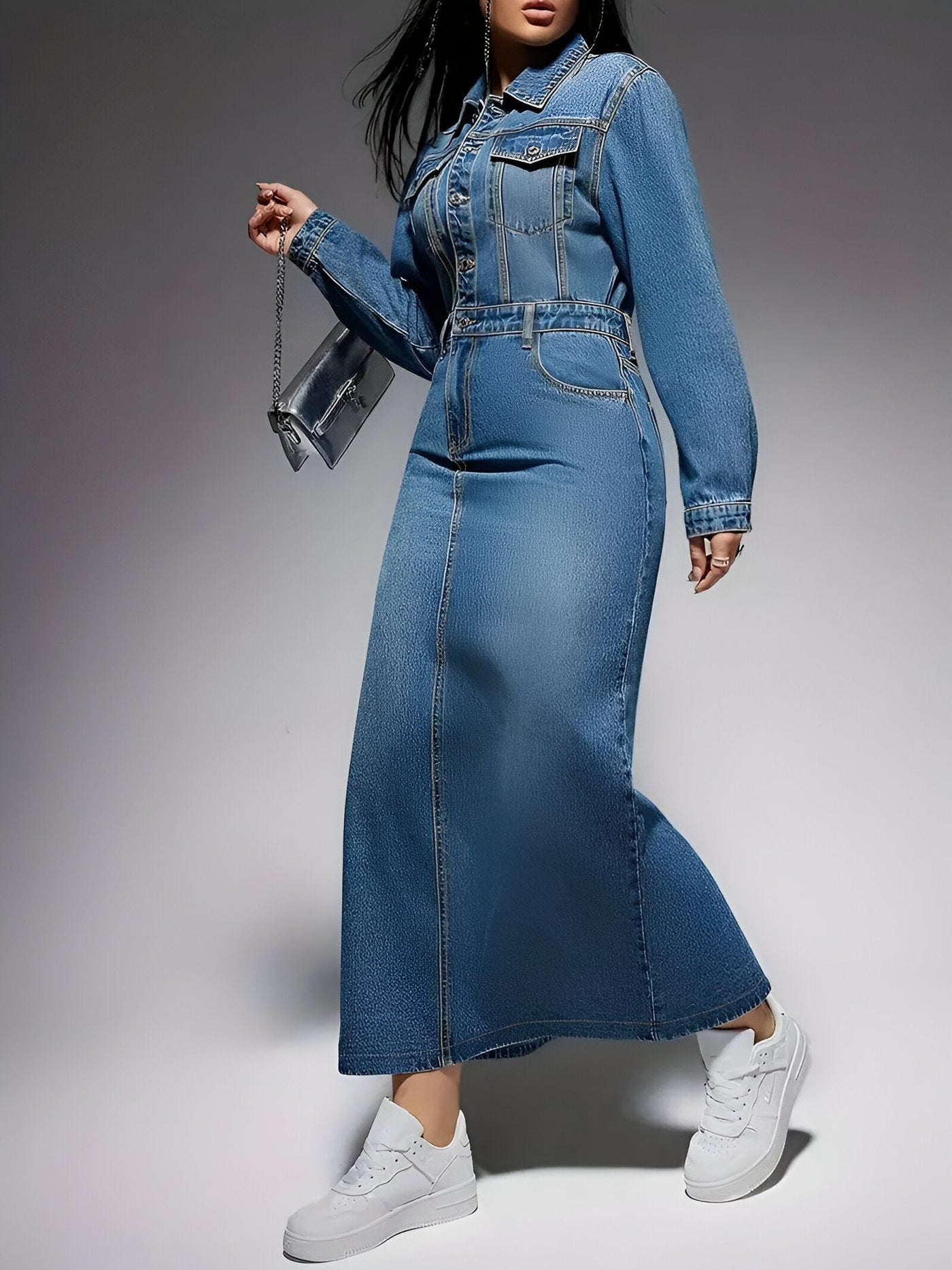 Gaetana | Stylisches Denim-Look Langarmkleid