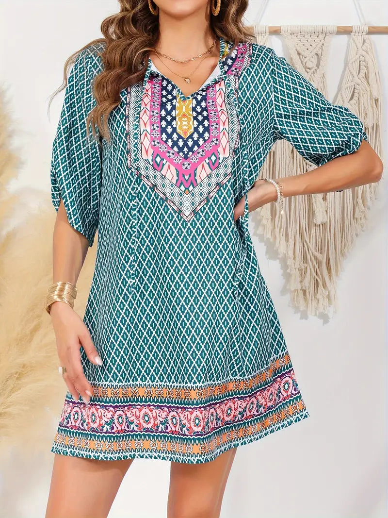 Zariah – Charmantes Boho-Print-Tunikakleid mit V-Ausschnitt