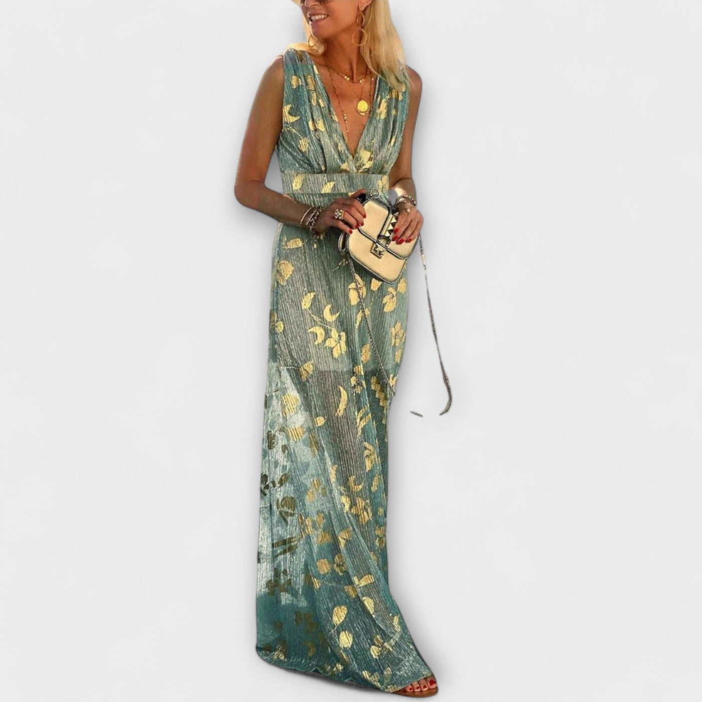 Elegantes Damen Kleid mit V-Ausschnitt, Pailletten-Details und Luftigem Stoff für Warme Tage