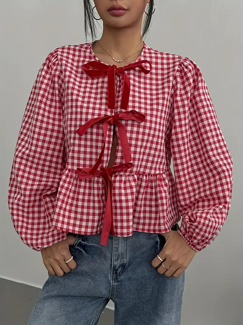 Daniela | Vintage Schwarz-Weiß Karierte Bubble Langarm-Bluse