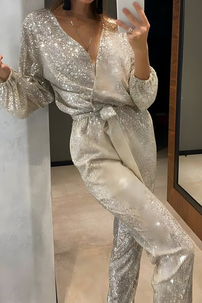 Lioren | Damen V-Ausschnitt Pailletten Jumpsuit