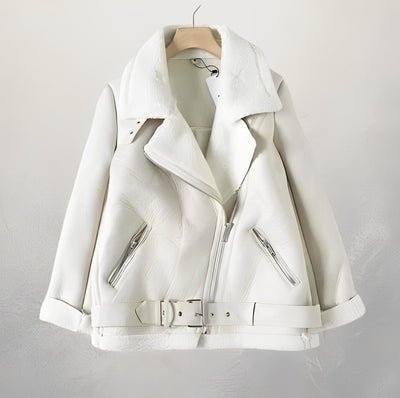 Alva - Stilvolle Leder-Bikerjacke mit Polokragen und Gürtel