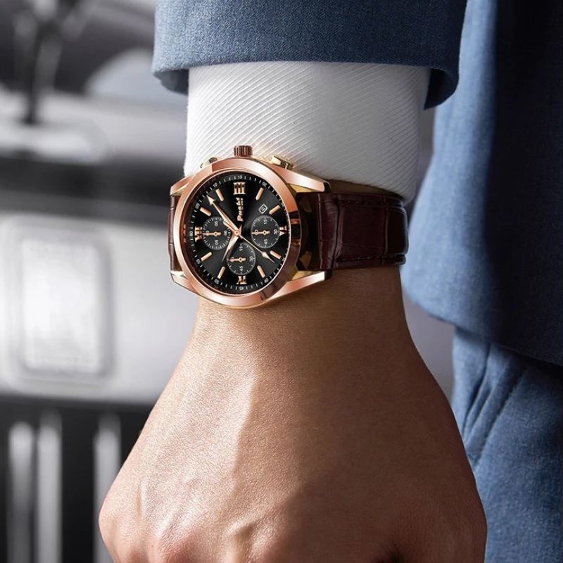 Fadenburg Herren Business Quarzuhr Mit Lederarmband, Datumsanzeige, 3ATM Wasserfest