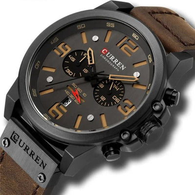 Elegante Herren Quarzuhr Mit Chronograph, Lederarmband, 3ATM Wasserdicht, Schockresistent