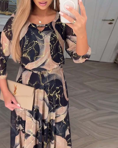 Kleid Elegant Dreiviertelarm Gedruckte Taille