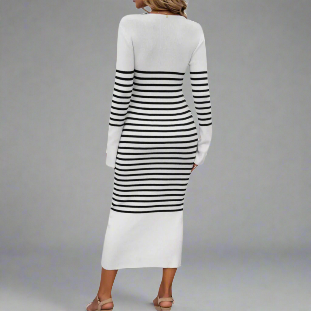 Franziska Strickkleid Damen V-Ausschnitt Modernes Streifenmuster Komfortabel und Elegant