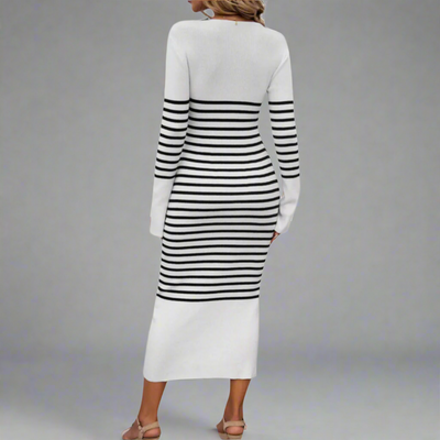 Franziska Strickkleid Damen V-Ausschnitt Modernes Streifenmuster Komfortabel und Elegant