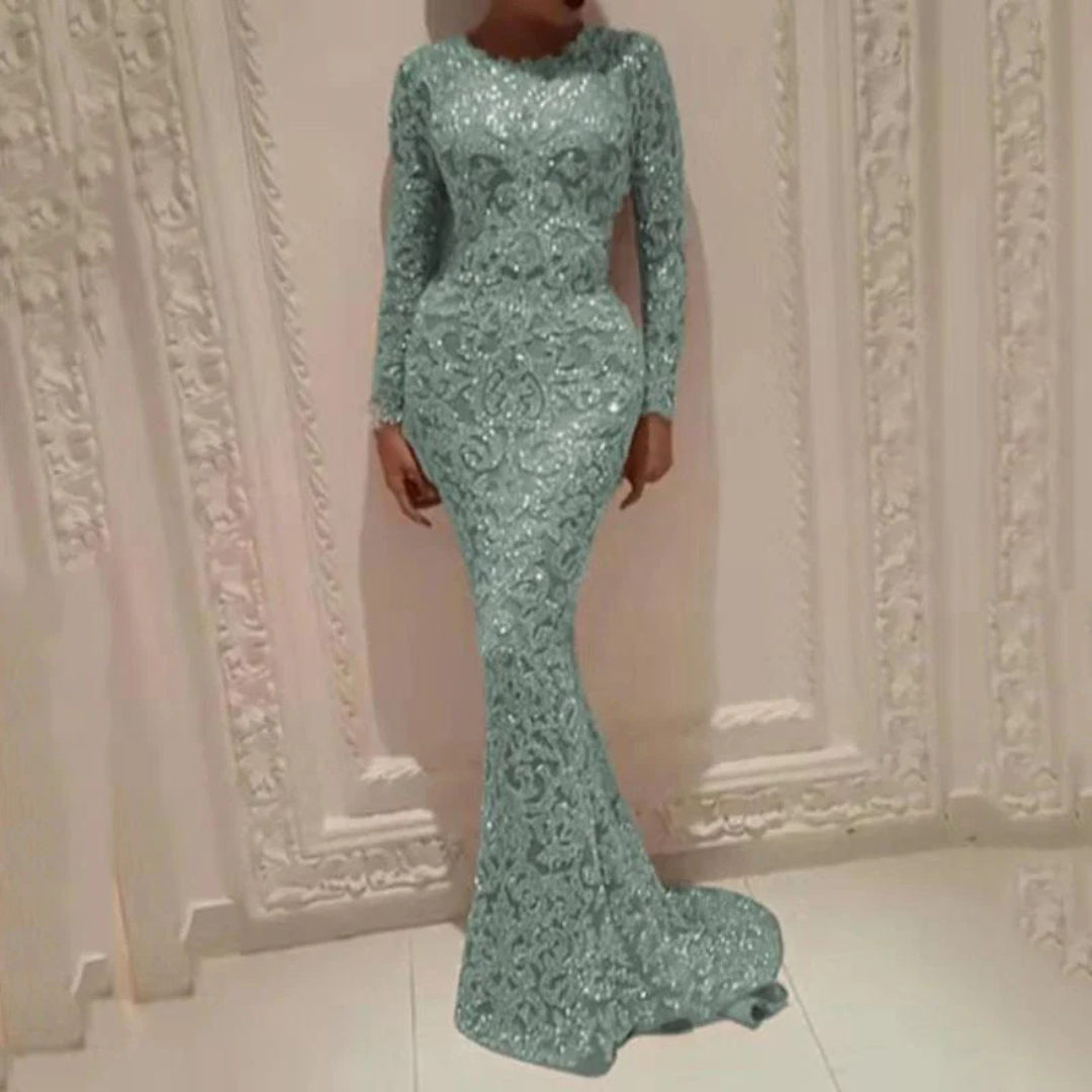 Elegantes Meerjungfrauen-Kleid Mit Pailletten Langarm Für Frauen | Maxi
