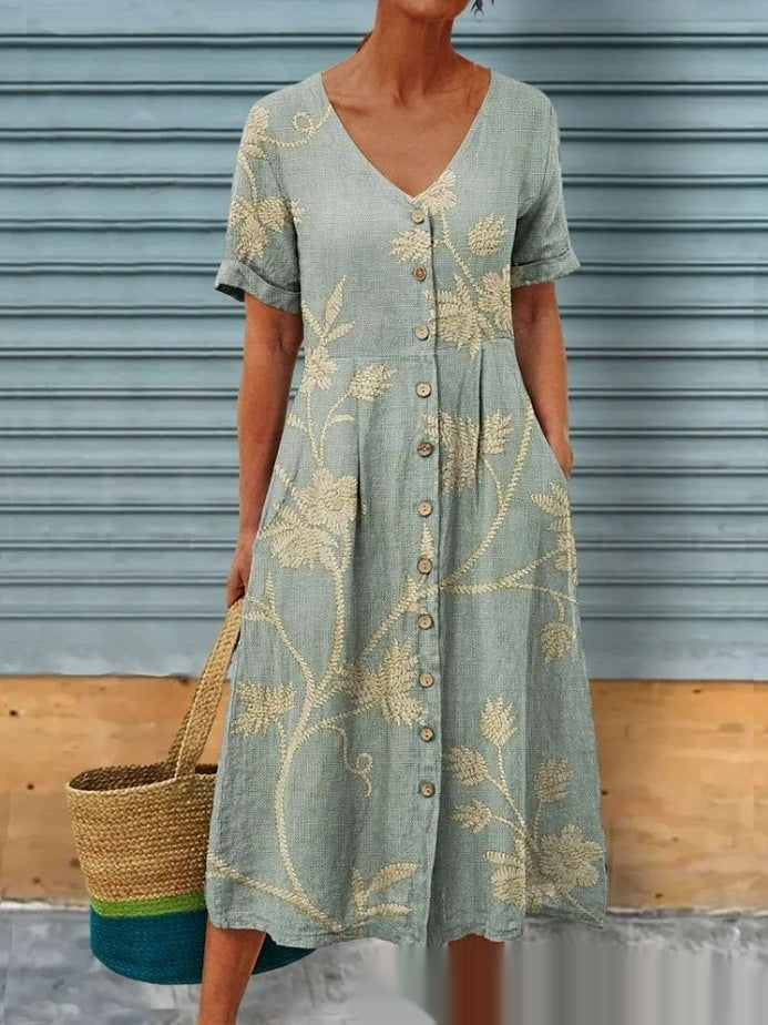 Luna - Midikleid mit Blumenmuster und Knopfverschluss vorne