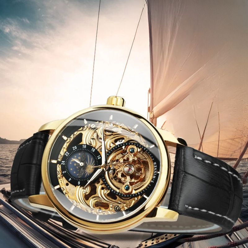 Skelettierte Automatik-Mondphasenuhr mit Goldenem Finish und Hochwertigem Lederarmband