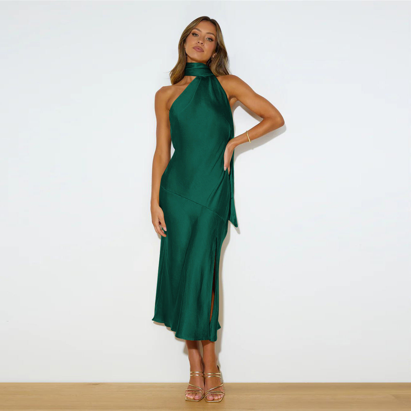 Stuttgart | Frauen Satin Drapierung Split Hollow Dünn Elegantes Kleid