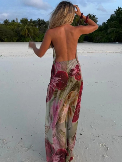 Isla | Elegantes Rückenfreies Chiffon-Maxikleid Mit Blumendruck und Perlenakzenten