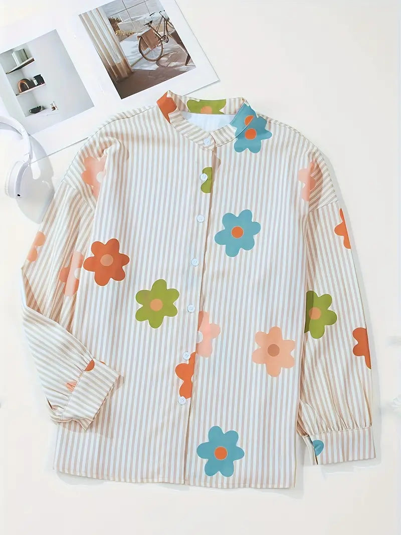 Jennifer | Elegantes Blumen Streifenmuster Button-Up Hemd