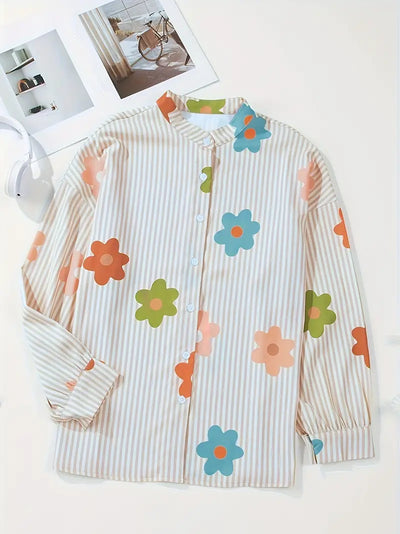 Jennifer | Elegantes Blumen Streifenmuster Button-Up Hemd