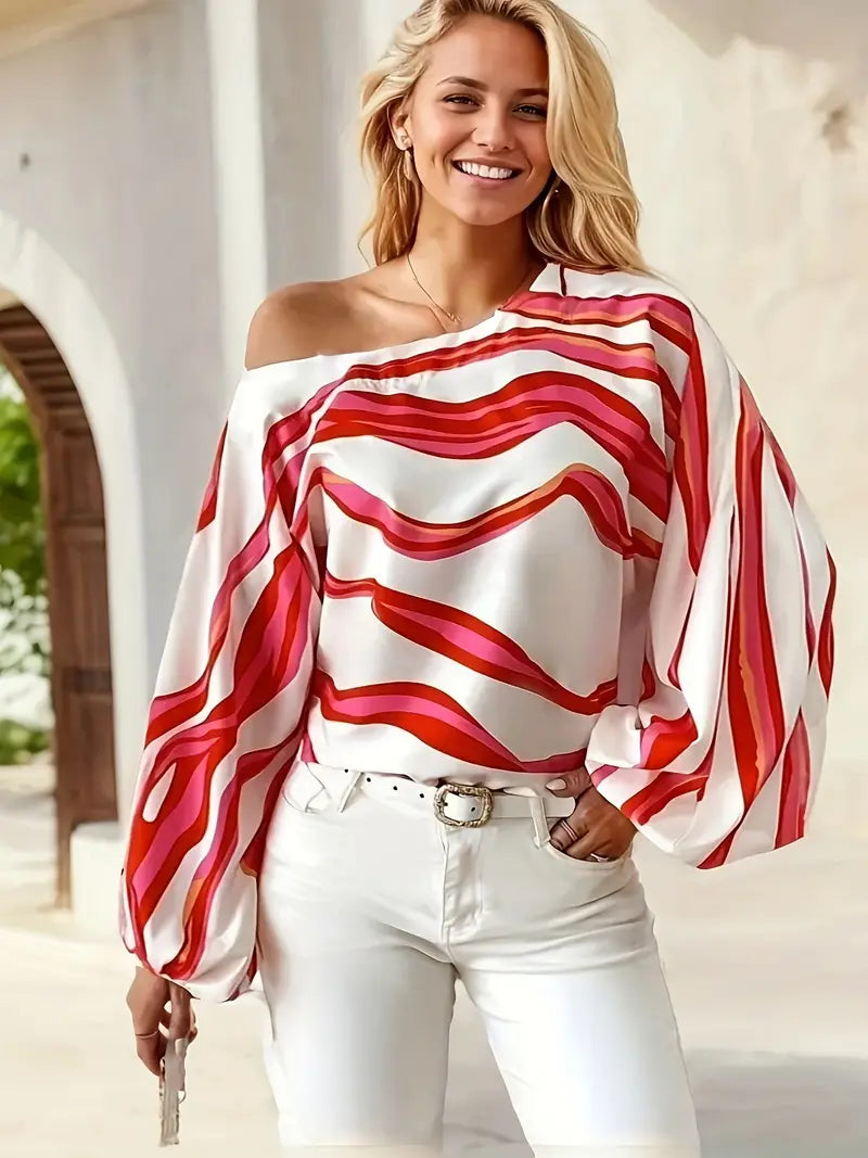Laila | Elegante Off-the-Shoulder Bluse mit geometrischem Print