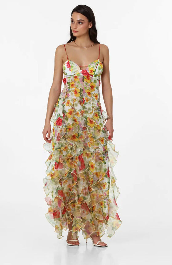 Isabella - Langes geblümtes Kleid mit Rüschen