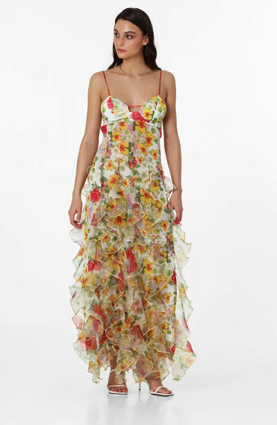 Isabella - Langes geblümtes Kleid mit Rüschen