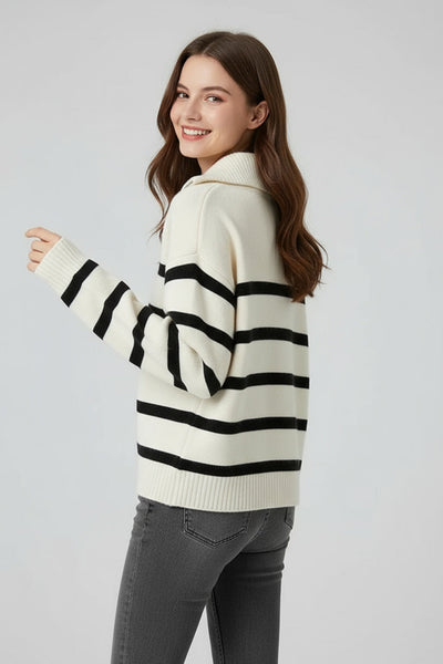 Selma | Damen Strickpullover Mit Reißverschluss Und Streifen