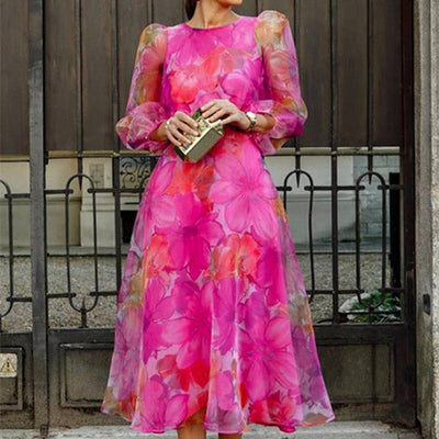 Amalia - Rosa geblümtes Midi-Gästekleid