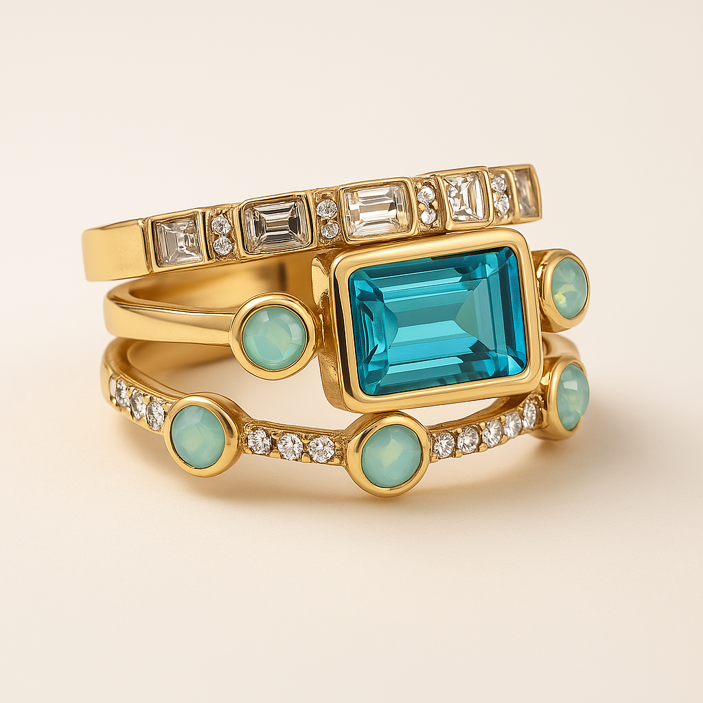 Mehrteiliges Vintage-Ring-Set mit blauen Kristallen