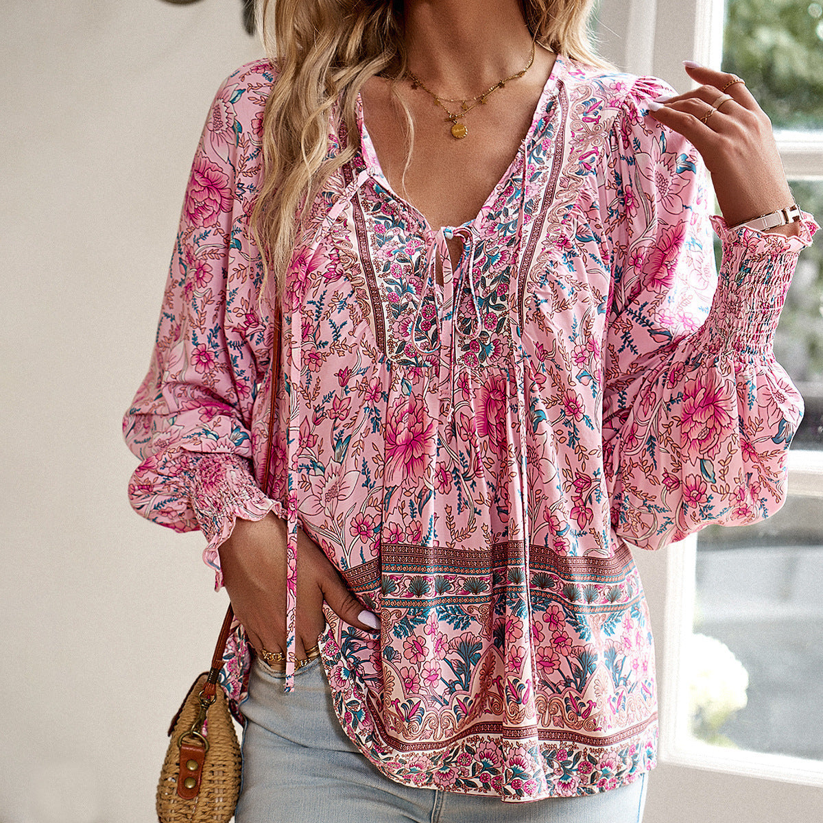 Florinda - Florale Boho-Bluse mit langen Ärmeln