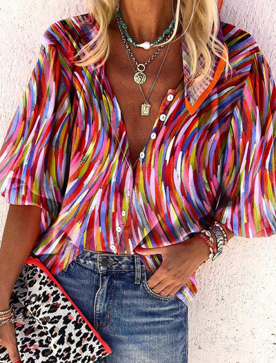 Sabrina - Mehrfarbige abstrakte Bluse mit Knopfleiste