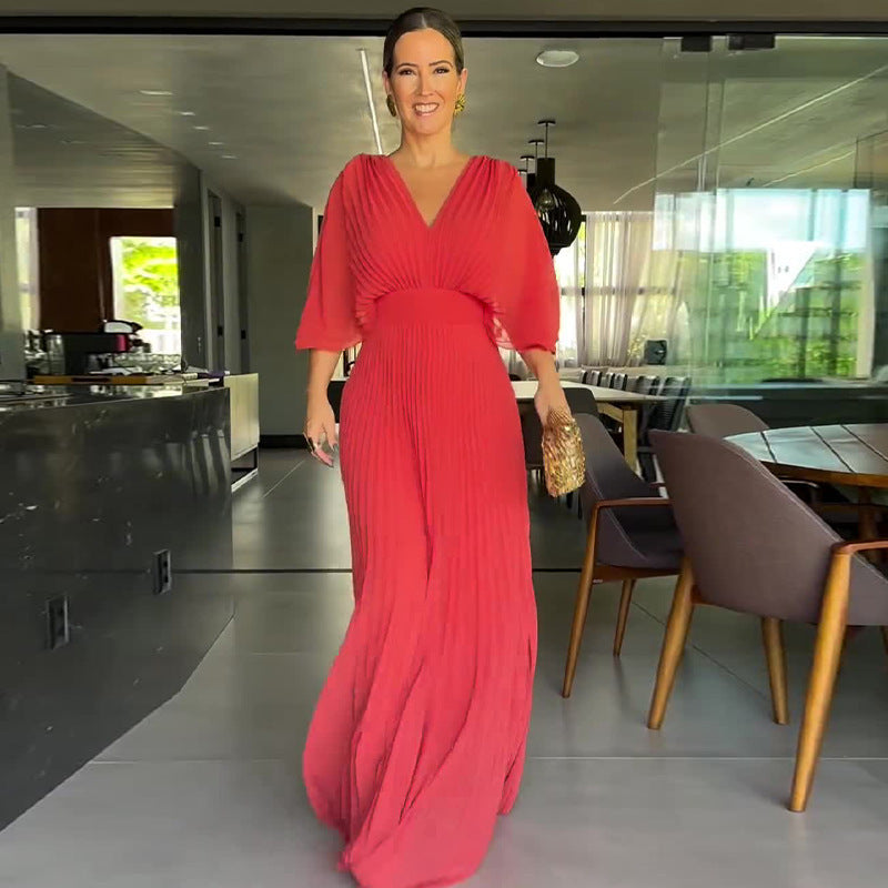 Renata - Magenta gefaltetes Maxikleid