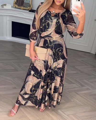 Kleid Elegant Dreiviertelarm Gedruckte Taille