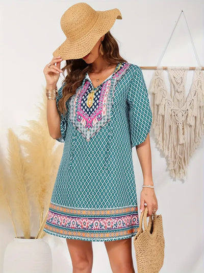 Zariah – Charmantes Boho-Print-Tunikakleid mit V-Ausschnitt