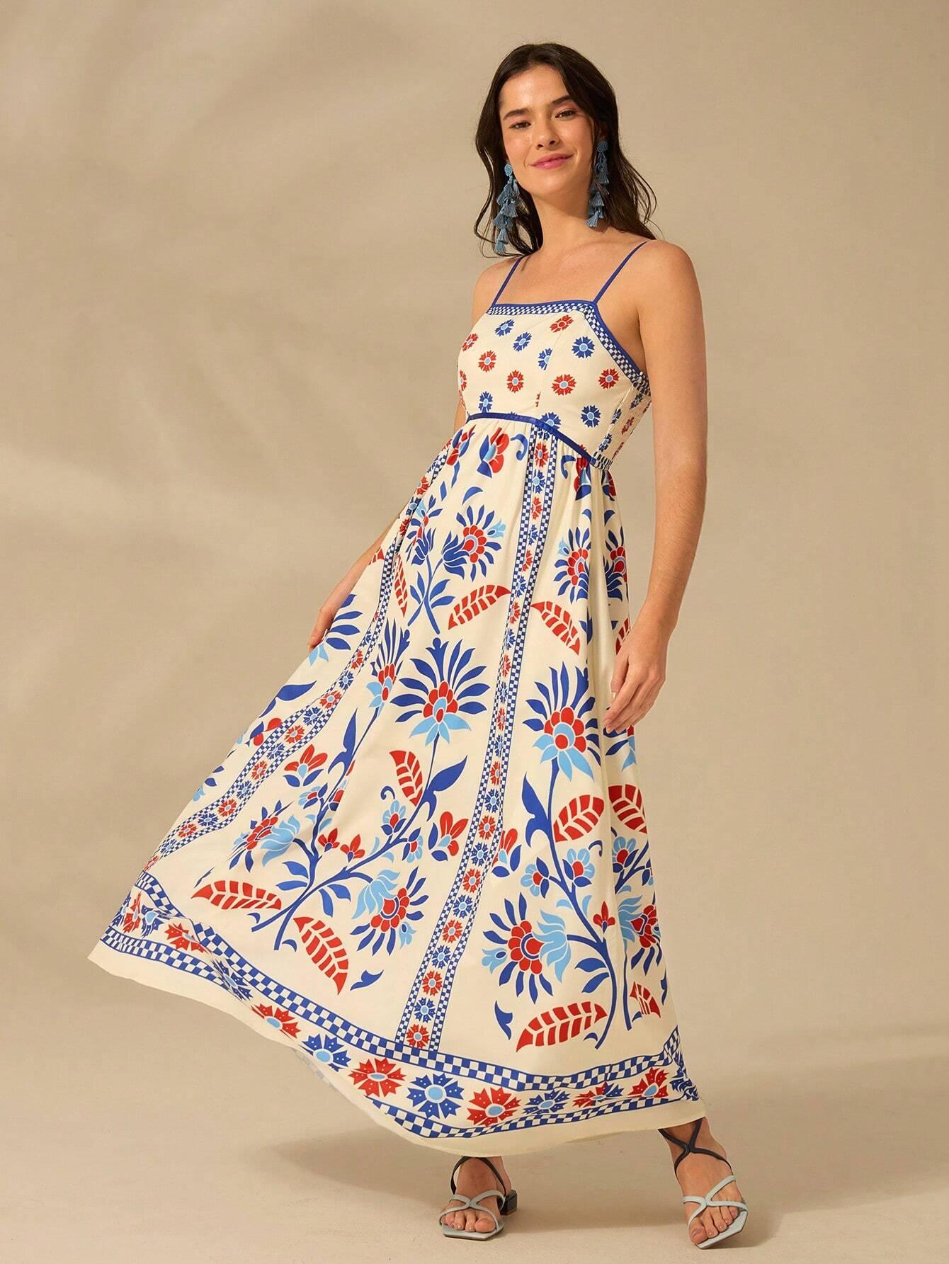 Nancy | Langes Bedrucktes Kleid mit schmalen Trägern