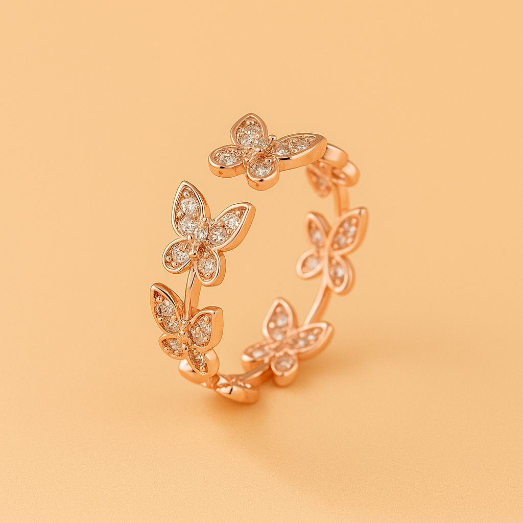 Eleganter Schmetterlingsring aus Kupfer mit funkelnden Zirkonias