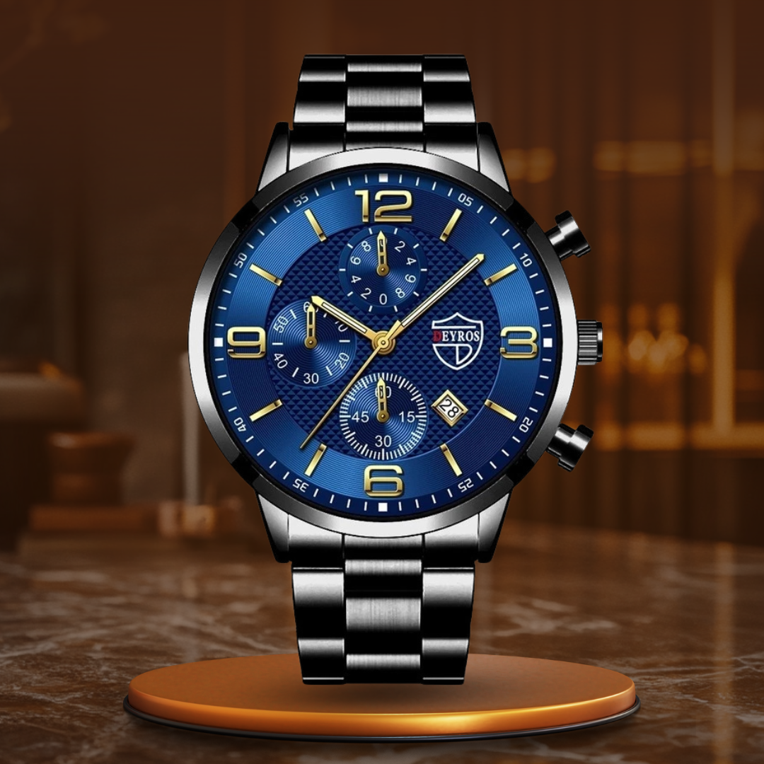 Edelstahl Business Herrenuhr mit Lederarmband und Kalenderfunktion – Luxuriös & Funktional