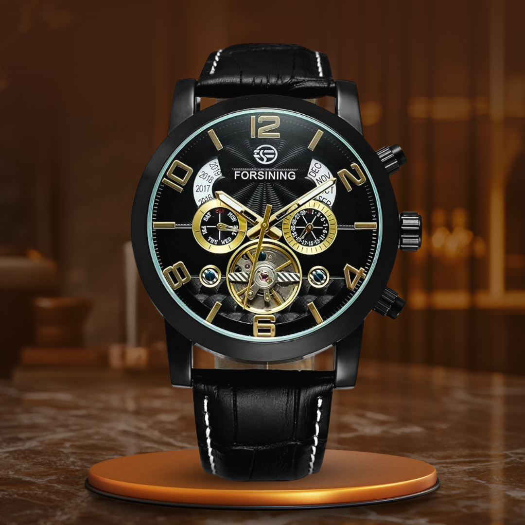 Luxuriöse Mechanische Tourbillon-Automatikuhr Mit Multifunktionsanzeige In Schwarz-Gold