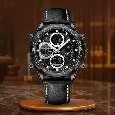 Militärische Sportuhr Herren mit Wasserbeständigkeit, Chronograph und Grünes Lederarmband