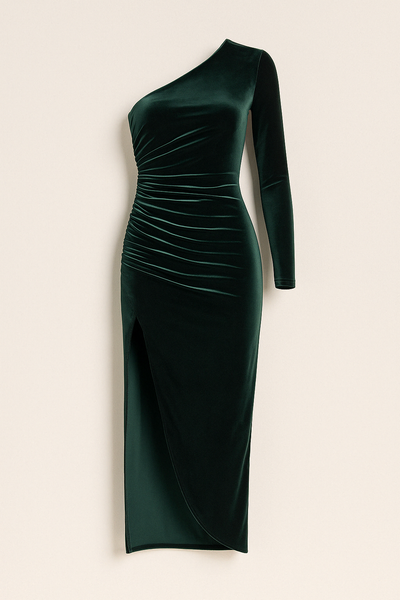 Jade Ein-Schulter-Midikleid aus Samt mit Rüschen
