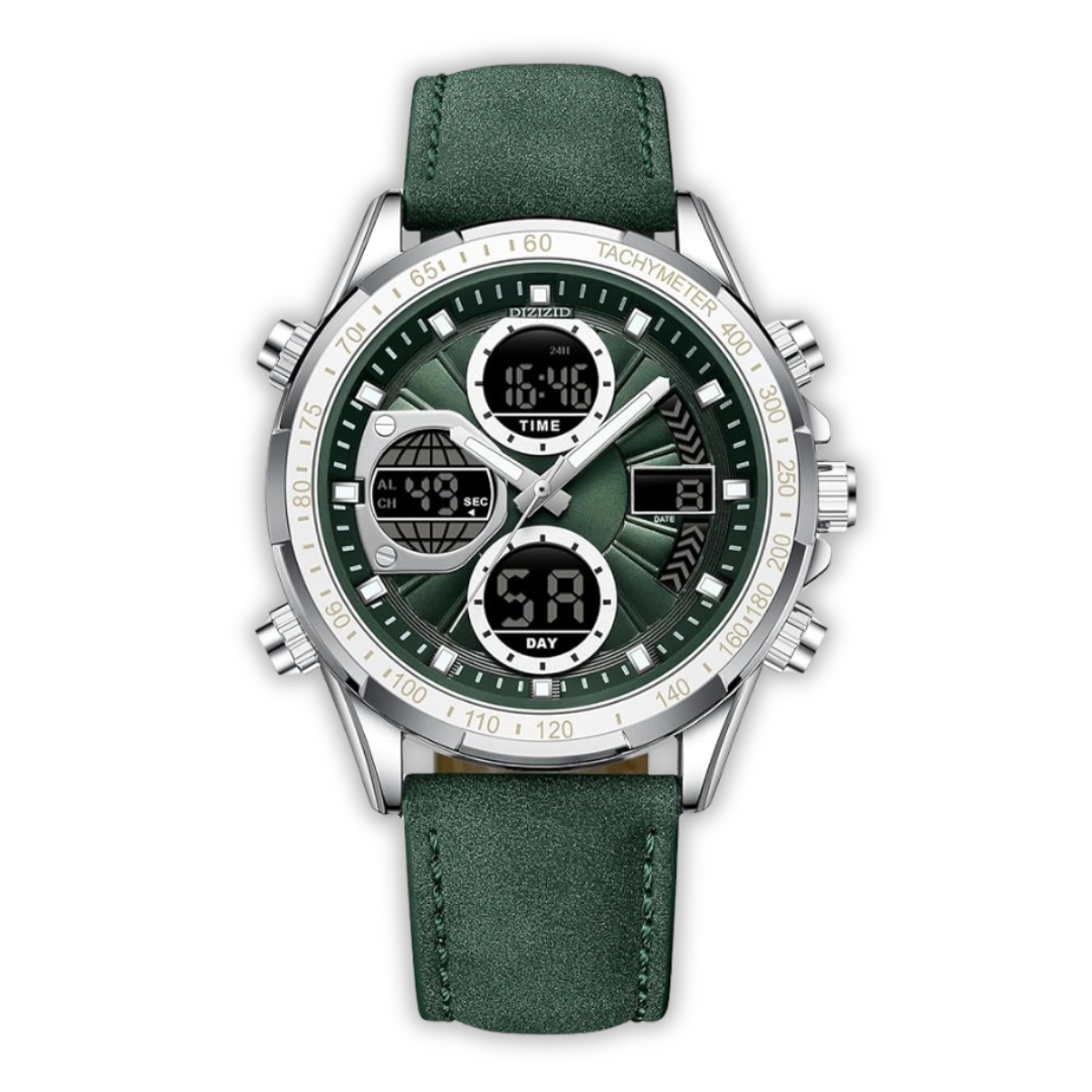 Militärische Sportuhr Herren mit Wasserbeständigkeit, Chronograph und Grünes Lederarmband