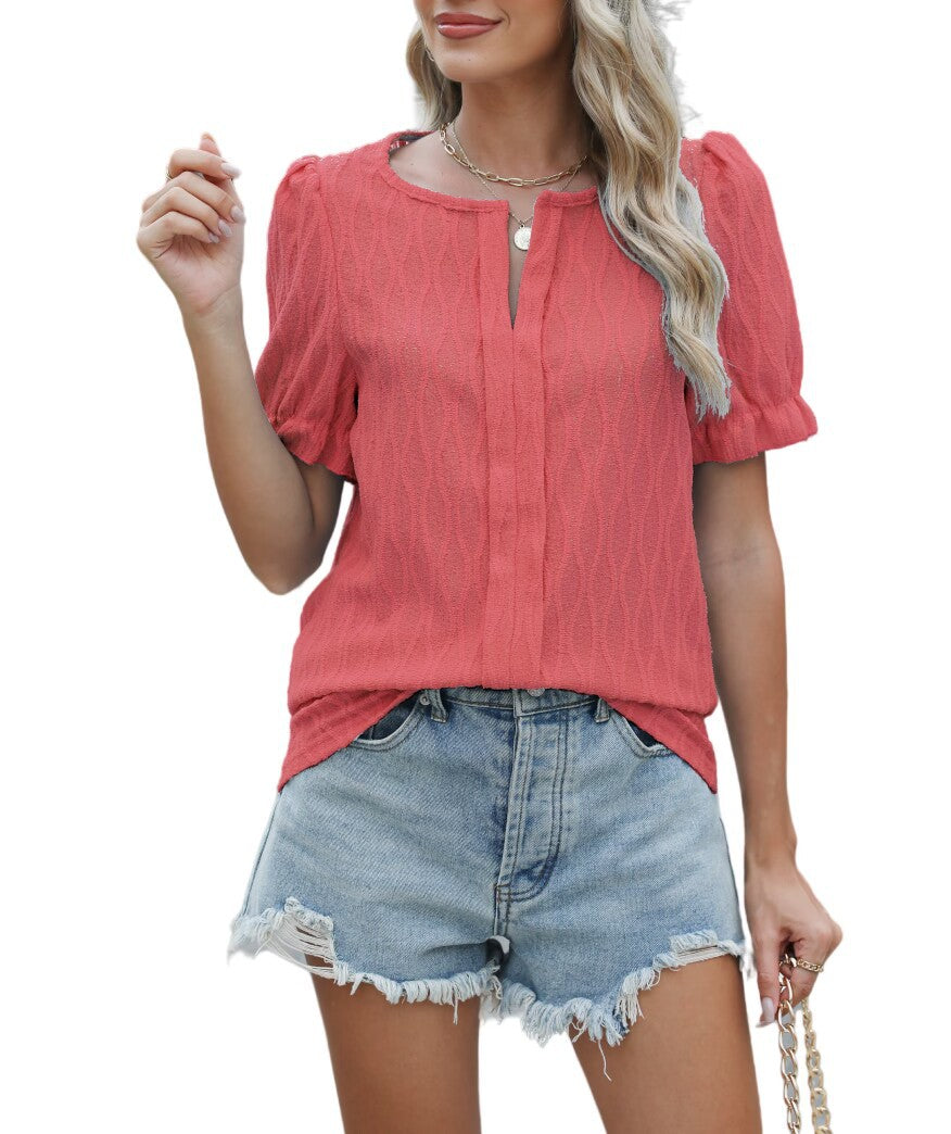 Jacquard-Oberteil mit Ballonärmeln für Damen – Stilvolle und bequeme lockere Passform