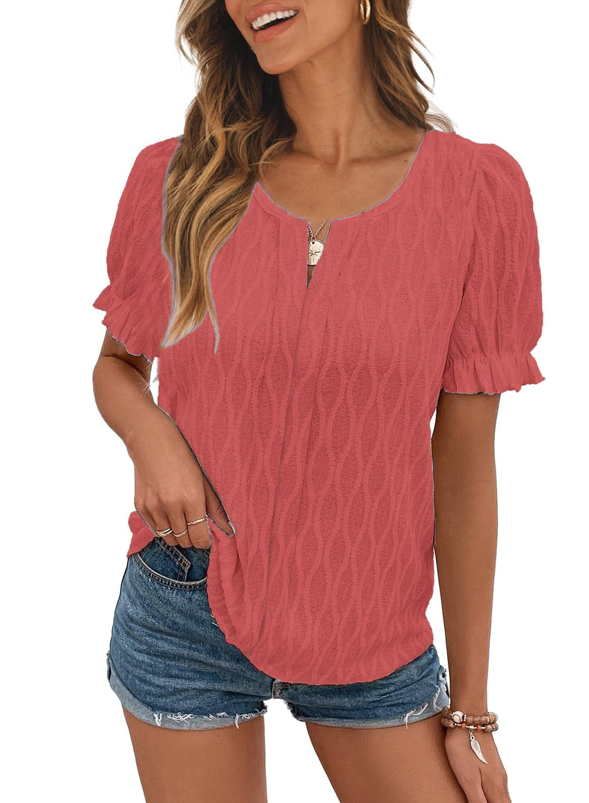 Jacquard-Top mit Puffärmeln für Damen – Trendy, locker und bequem