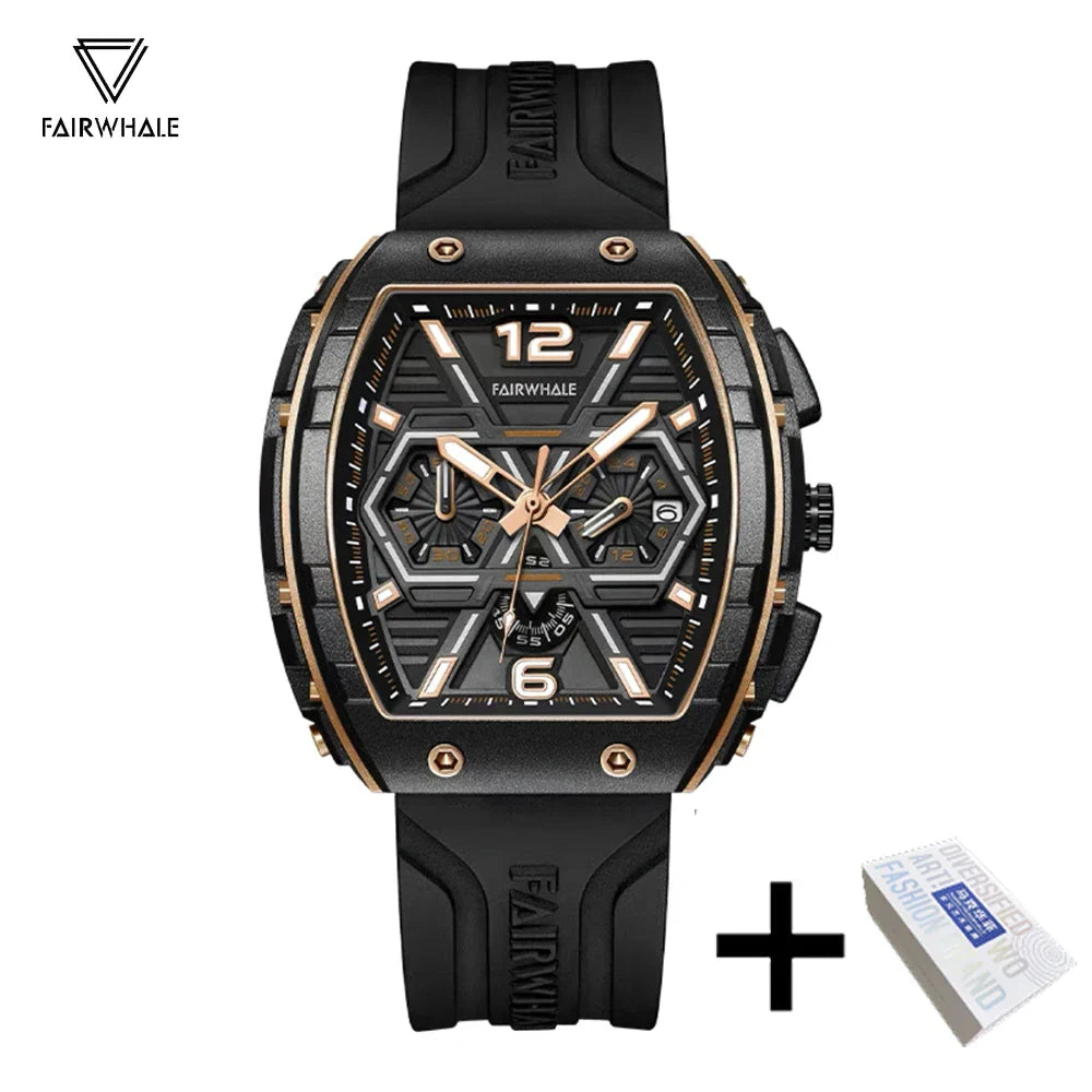 Herren Luxus Tonneau Uhr 2025 von Fairwhal - Gelbes Silikonarmband, Wasserfest, Quarz