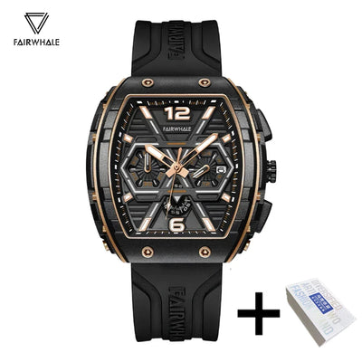 Herren Luxus Tonneau Uhr 2025 von Fairwhal - Gelbes Silikonarmband, Wasserfest, Quarz