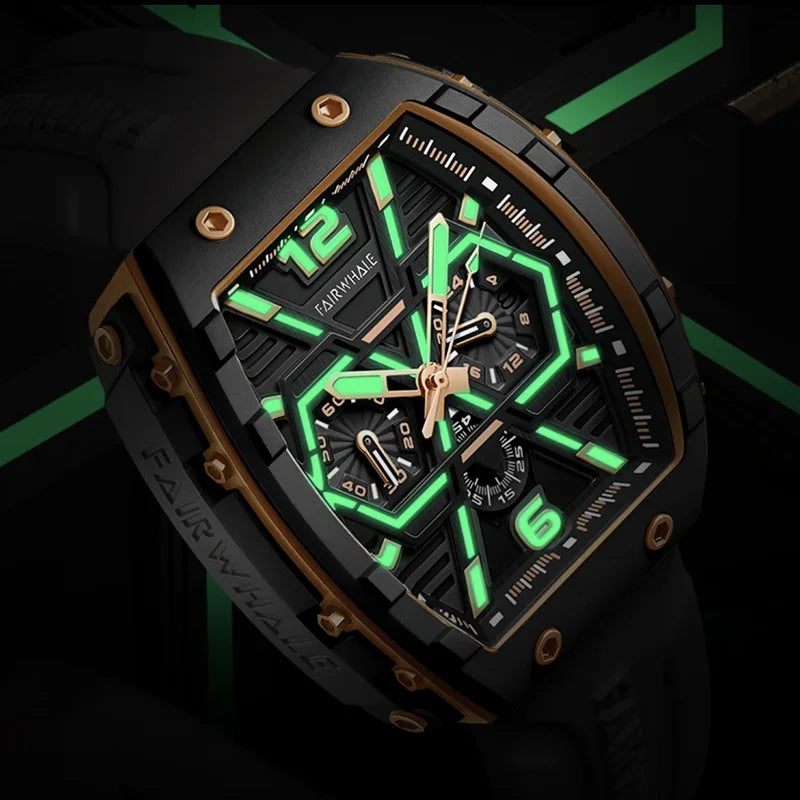 Herren Luxus Tonneau Uhr 2025 von Fairwhal - Gelbes Silikonarmband, Wasserfest, Quarz