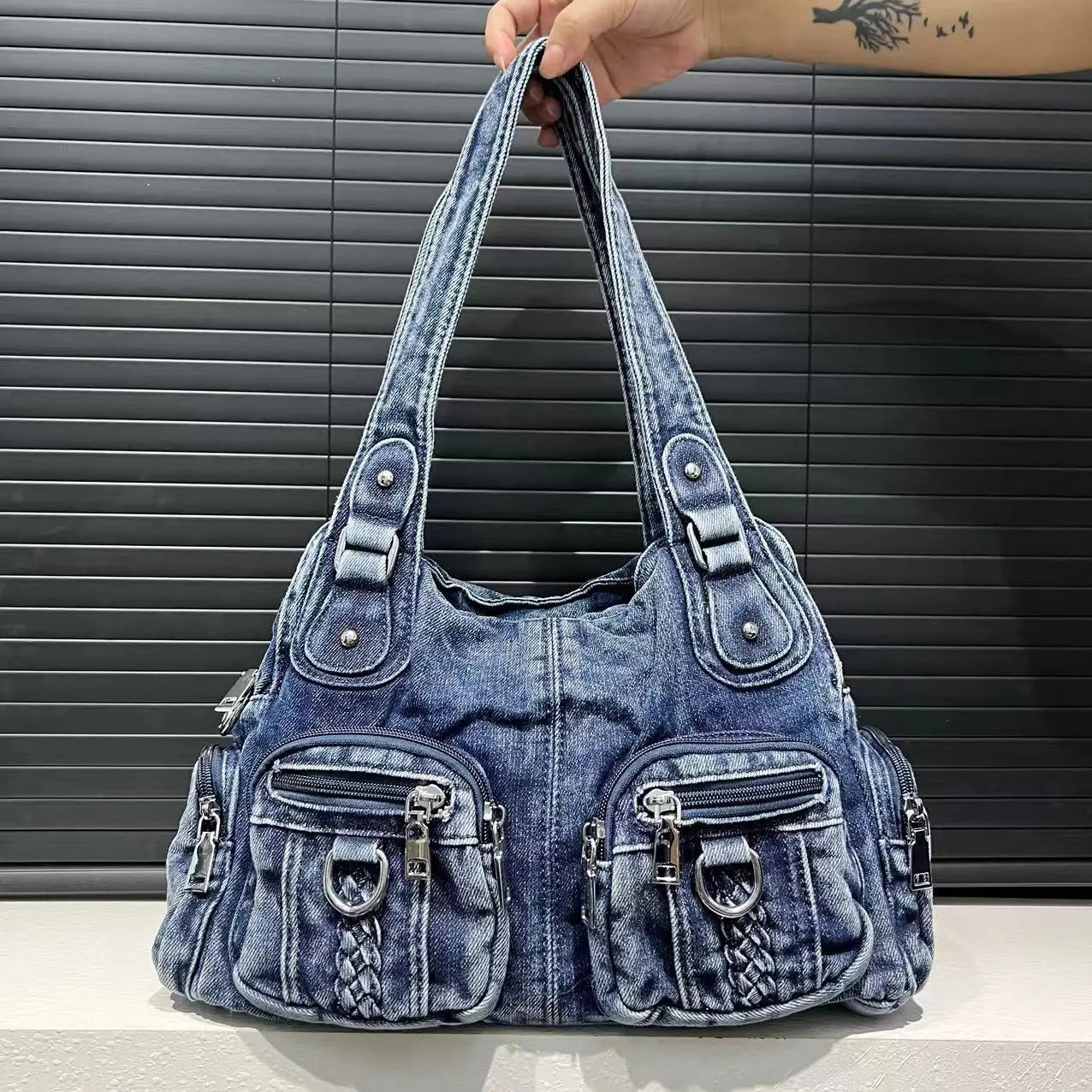 Damen Washed Denim Handtasche Großes Fassungsvermögen Distressed Gradient Schultertasche