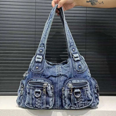 Damen Washed Denim Handtasche Großes Fassungsvermögen Distressed Gradient Schultertasche