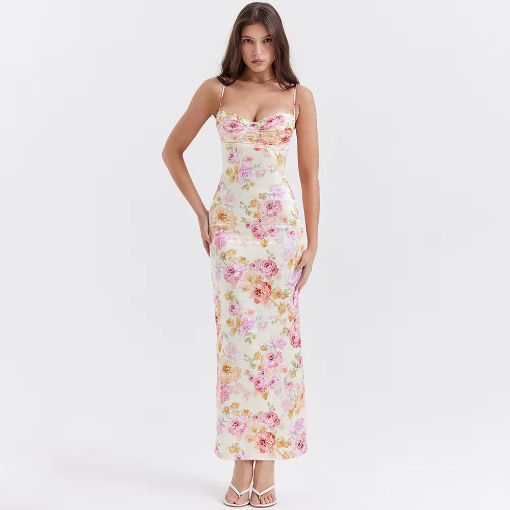 Lucy | Elegante Floral Satin Maxi Kleid mit Herzausschnitt und Figurbetonender Passform