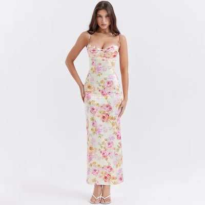 Lucy | Elegante Floral Satin Maxi Kleid mit Herzausschnitt und Figurbetonender Passform