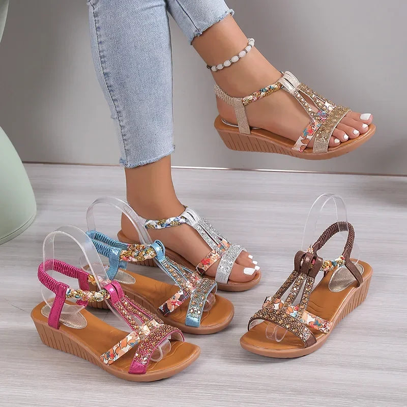 Böhmische Strassplattform Sandalen Damen – Bequeme Slingback mit Glitzer für Frühling/Sommer 2025