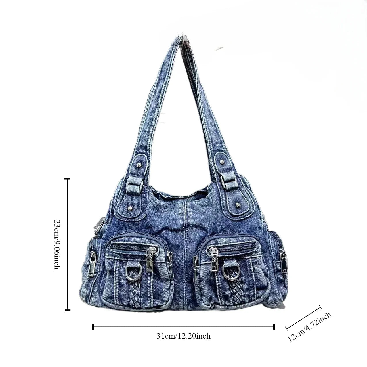 Damen Washed Denim Handtasche Großes Fassungsvermögen Distressed Gradient Schultertasche