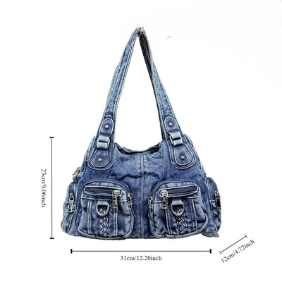 Damen Washed Denim Handtasche Großes Fassungsvermögen Distressed Gradient Schultertasche