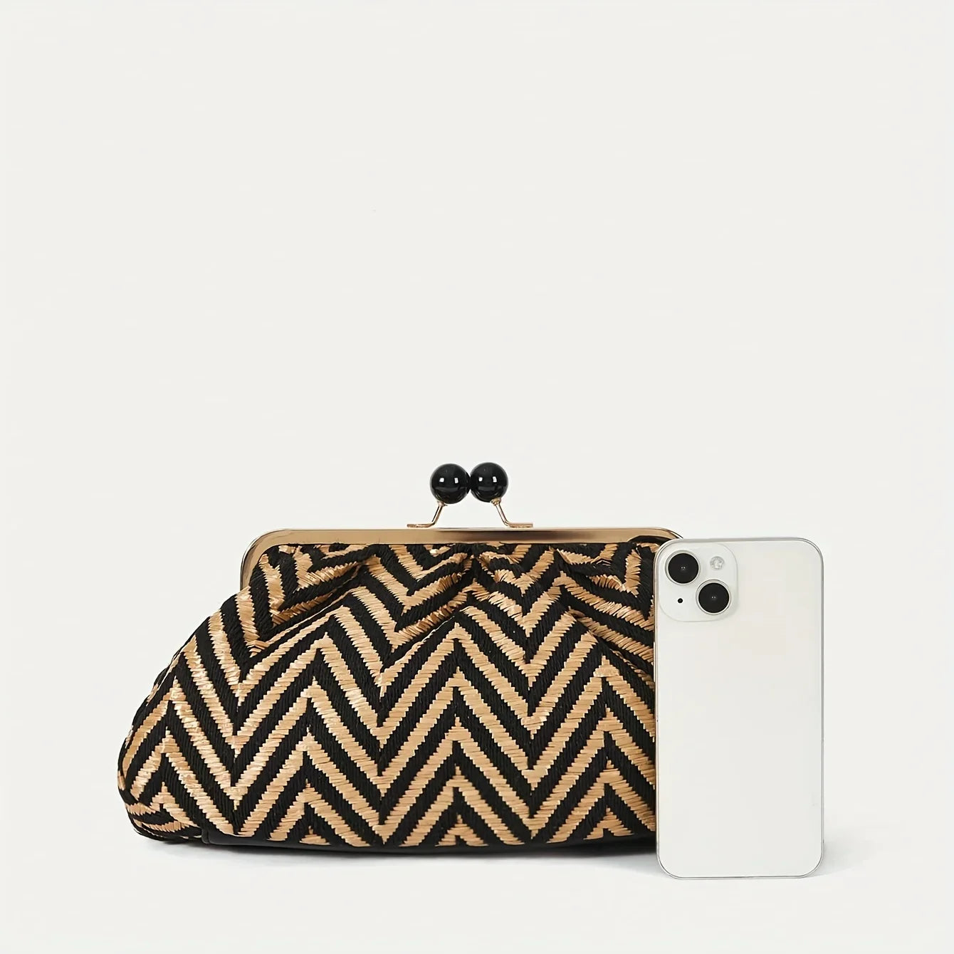 Damen Elegante Gestreifte Handtasche Mit Schwarzem Perlenverschluss Und Abnehmbaren Schulterriemen