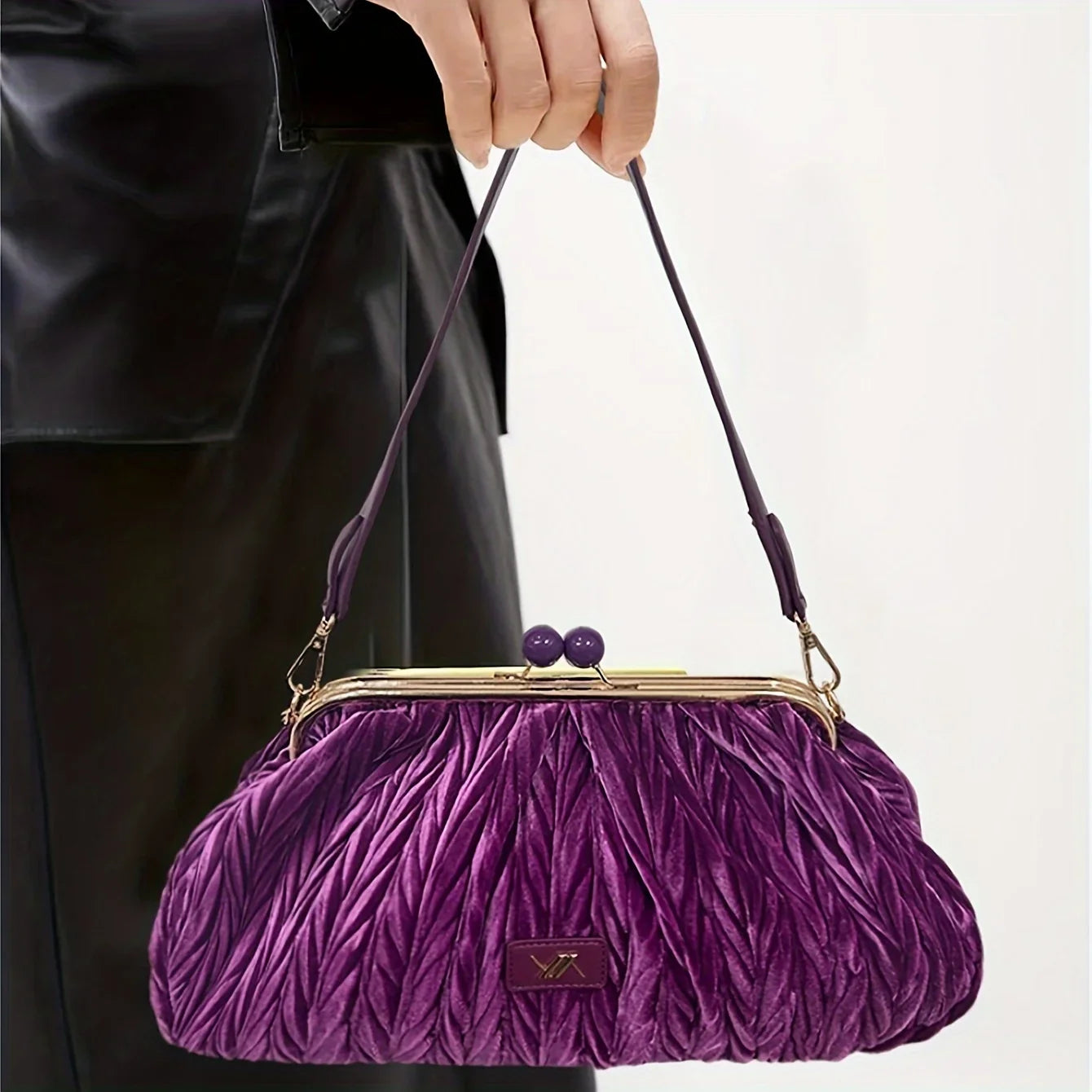 Retro Damen Schultertasche aus Samt mit Bambusblatt – Große Kapazität, ideal für Weihnachtsfeiern